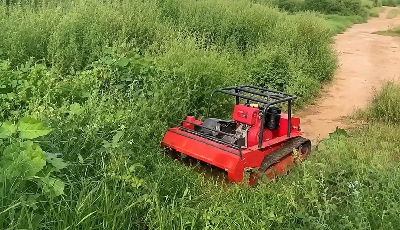 Aerial view of the HYGC1200S clearing dense green cover beside a dirt path