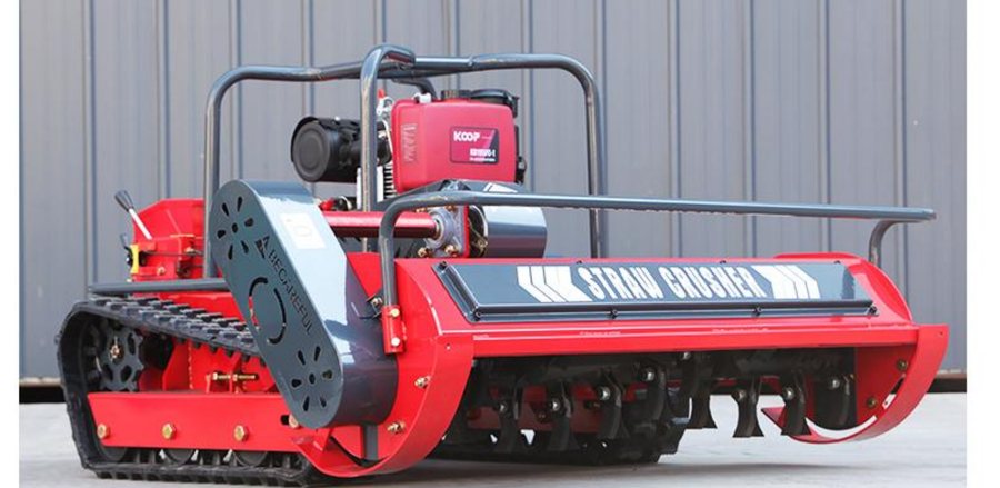 HYGC1200S remote control mower on rubber tracks, rear three-quarter view